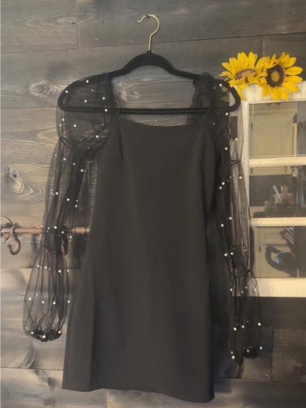 Chic Black Sheer Pearl-Sleeve Mini Dress